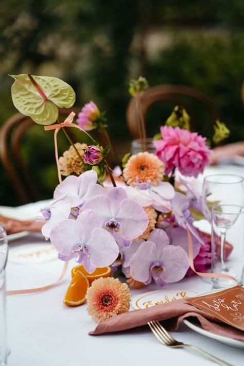 CHARMAINE Orchids Table Decor, Colourful Wedding Table Settings, Colourful Wedding Flowers Table, Orchid Wedding Florals, Wedding Orchids Decoration, Orchid Styling, Bright Wedding Florals, Bermuda Flowers, Colorful Wedding Ceremony