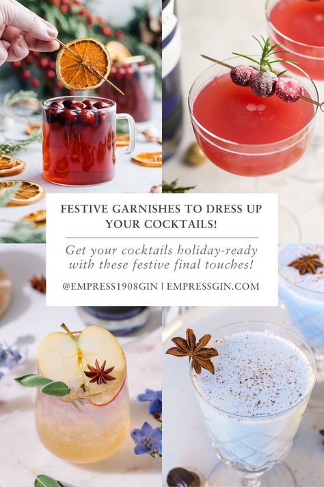 Dress up your holiday cocktails with our favourite festive garnishes! From frosted cranberries to shaved coconut snow, these creative final touches are sure to elevate your drink menu just in time for Christmas!✨ Holiday Drink Garnish, Christmas Drink Garnish Ideas, Christmas Drink Garnish, Christmas Cocktail Garnish Ideas, Christmas Cocktail Garnish, Frosted Cranberries, Christmas Themed Cocktails, Gin Garnish, Empress 1908 Gin