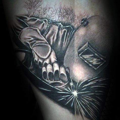 Shaded Welding Black And Grey Mens Arm Tattoo Design Ideas Welders Tattoo, Welding Tattoo Ideas For Men, Welder Tattoo, Welding Tattoo, Historical Tattoos, In Loving Memory Tattoos, Tattoo Over Scar, Dragon Tattoos For Men, Tattoos Arm