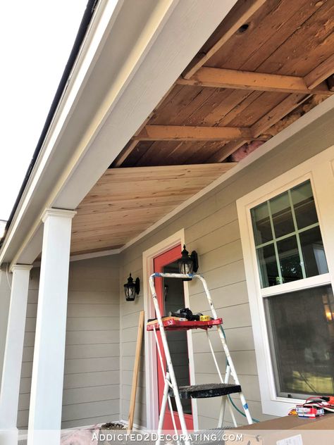 Front Porch Ceiling, Haint Blue Porch Ceiling, Blue Porch Ceiling, Blue Ceiling, Porch Kits, White Porch, Haint Blue, Shiplap Ceiling, Tongue And Groove Ceiling