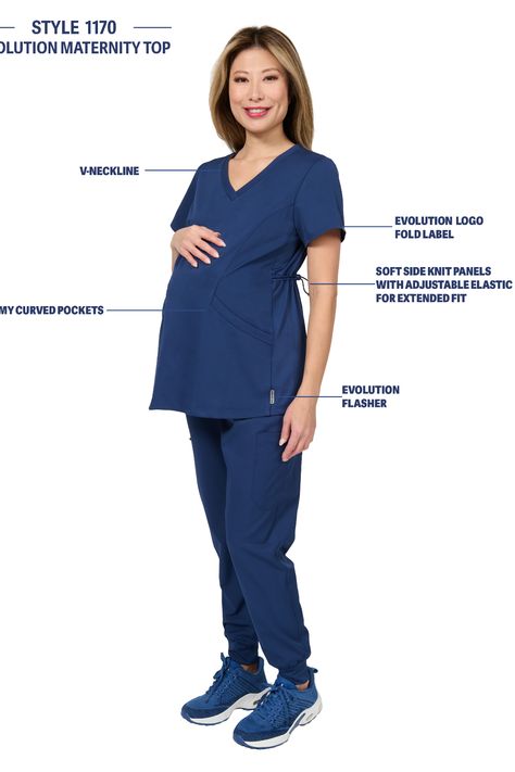 Introducing the Evolution Scrubs Maternity top, your new favorite work wardrobe staple! Comfortably designed for pregnant women in the medical field, this stylish scrubs top is perfect for those who demand both style and functionality. Don't sacrifice your fashion sense during pregnancy – embrace it with Evolution Scrubs Maternity Tops For Work, Maternity Scrub Top, Work Wardrobe Staples, Maternity Scrub Pants, Medical Scrubs Fashion, Maternity Scrubs, Stylish Scrubs, Vintage Maternity, Embrace It