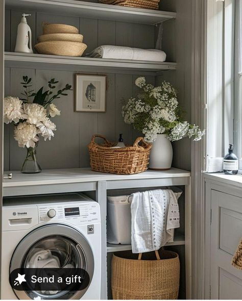 Laundry Room Revamp, Small Utility Room Decor, Laundry Room Angled Ceiling, Laundry Room Storage Idea, Laundry Pantry Closet, Farmhouse Utility Room Ideas, Square Utility Room Ideas, Laundry Closet Diy, Utility Room Hacks