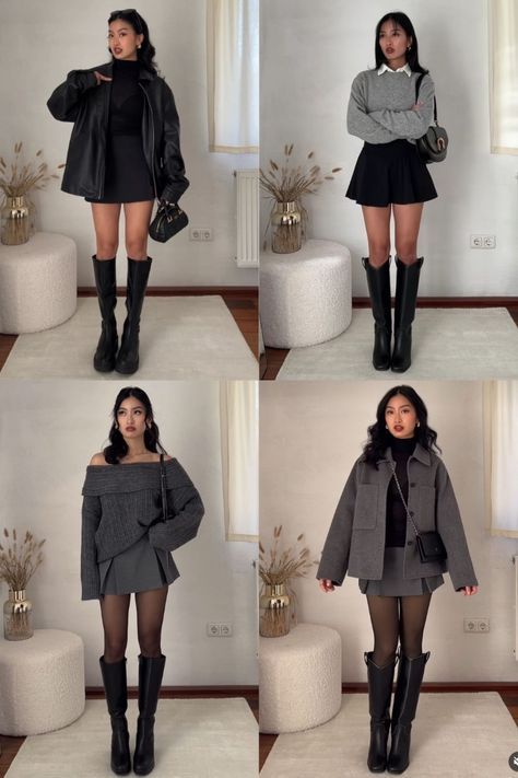 Platform Knee Boots Outfit, How To Pair Boots Outfit Ideas, Thigh High Boots Skirt Outfit, Tall Boots With Long Skirt, Fall High Boots Outfit, Steve Madden Berkleigh Boots Outfit, Skirt Long Boots Outfit, Winter Biker Boots Outfit, Modest Boots Outfit