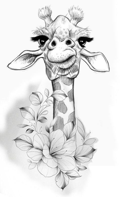 Giraffe Tattoo Stencil, Cartoon Giraffe Tattoo, Animal Floral Tattoo, Giraffe Art Drawing, Floral Animal Tattoo, Unusual Tattoos, Hippo Tattoo, Zebra Tattoos, Giraffe Tattoo