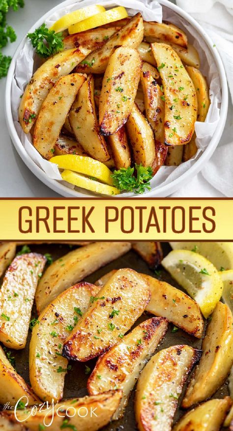 greek potatoes with a garnish and side of lemon Greek Dinners Easy, Greek Rice And Potatoes, Side For Gyros, Greek Easter Dinner Menu Ideas, Side Dishes For Gyros, Sides To Go With Gyros, Gyros Side Dish, Easter Dinner Ideas Lamb, Greek Chicken Side Dish