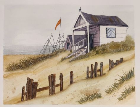 Paul Clark Watercolour, Beach Huts Art Paintings, Frank Clarke Watercolour, Beach Hut Paintings Seaside, Beach Huts Art Watercolour, Beach Paintings, Art Demo, Beach Huts, Beach Watercolor