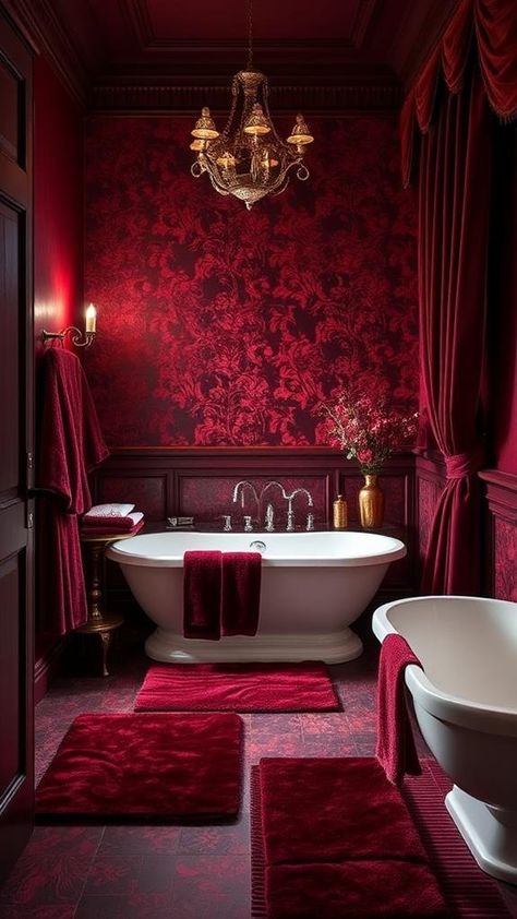 Stunning Ideas for a Burgundy Bathroom Makeover Burgundy Bathroom Ideas, Moody Master Bath, Maroon Bathroom, Red Bathrooms, Moody Master, Burgundy Bathroom, Bathroom Makeover Ideas, Burgundy Walls, Contemporary Bathroom Decor