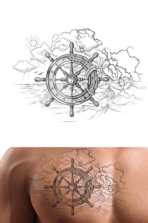 Water Effect Tattoo, Pirate Ship Wheel Tattoo, Pirate Wheel Tattoo, Captain Wheel Tattoo, Ship Wheel Tattoo Women, Captains Wheel Tattoo, Cruise Ship Tattoo Ideas, Ship Steering Wheel Tattoo, Ship Tattoos For Men