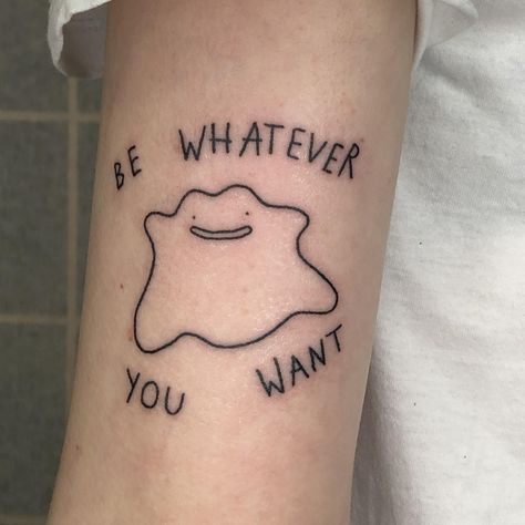 Pokemon Stick And Poke Tattoo, Punny Small Tattoos, Ditto Tattoo Pokemon, Cool Pokemon Tattoos, Cute Pokémon Tattoo, Tattoo Ideas Nonbinary, Tattoo Ideas Silly, Pokemon Tatoos Ideas, Childish Tattoos