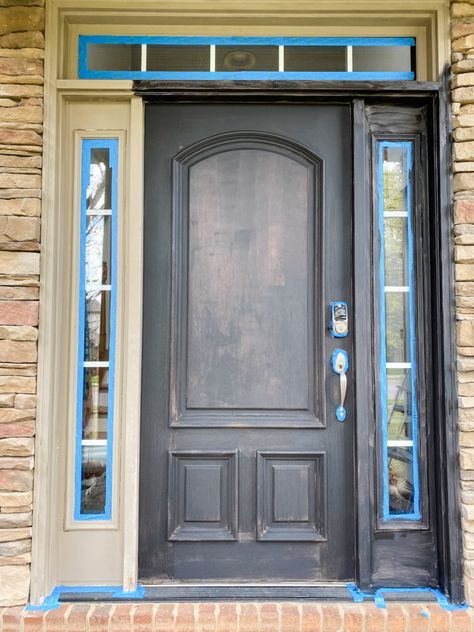 painting front door Brown House Black Door, Front Door With Sidelights Brick House, Front Door Repainting, Before And After Front Door Makeover, Painting Front Door With Sidelights, Front Door With Sidelights Paint Ideas, Front Doors With Side Lights, Black Front Door With Sidelights, Painting Front Door