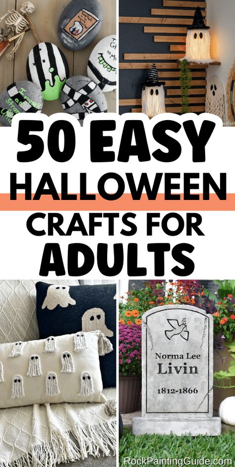 Inside: Discover 50 super easy adult crafts for Halloween that will transform your home into a spooky haven! Get inspired with creative Halloween wreath ideas, spooky welcome mats, delightful candy corn crafts, and much more. You’re bound to fall in love with these bewitching DIY projects! Make Your Own Halloween Decorations, Family Halloween Craft Ideas, D.i.y Halloween Decorations, Halloween Adult Craft Ideas, Adult Halloween Craft Party, Halloween Home Made Decorations, Halloween Easy Diy Decorations, Spooky Craft Ideas, Craft Ideas For Halloween