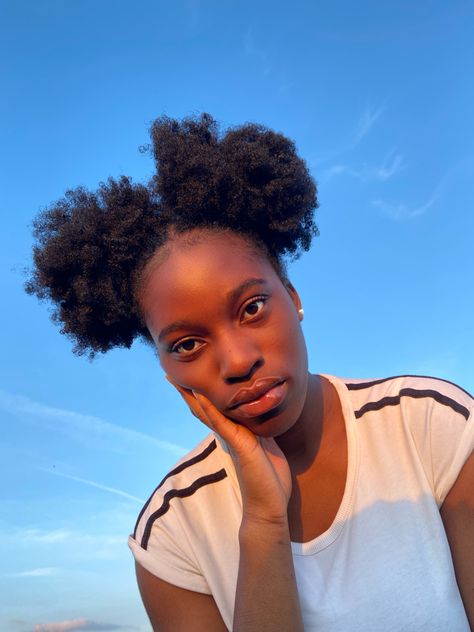 Black girl Curly hair Space bun hairstyle on natural 4c hair clear blue sky background summer High Space Buns, Curly 4c Hair, Protective Hairstyle Ideas, Hair Space Buns, Space Buns, Protective Hairstyle, Bare Face, 4c Hair, New Year New Me