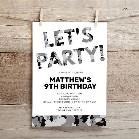 $2.8 | Camouflage Birthday, Let's Party Grey Camo - boy, birthday, teen, simple, masculine, minimalist, trendy, blue camo, camouflage, children Camo Birthday Invitations, Camouflage Birthday Party, Camo Birthday Party, Camo Birthday, Boy Teen, Kids Print, Grey Camo, Birthday Invitations Kids, Boy Birthday Party