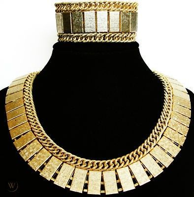 Vintage HOBE Egyptian Revival Gold Collar Necklace Bracelet Earrings Set 60s WOW | #432086034 Egyptian Collar, Egyptian Inspired Jewelry, Egyptian Revival Jewelry, Egyptian Necklace, Gold Collar Necklace, Egyptian Inspired, Antique Necklaces, Egyptian Jewelry, Egyptian Revival