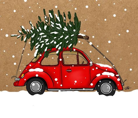 Christmas car with Christmas tree With Christmas Tree, Christmas Car, Car Illustration, December Daily, Christmas Ornament Crafts, Ornament Crafts, Vw Beetles, Cute Art, Christmas Tree