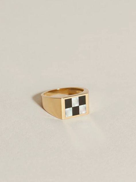 J Hannah, Stone Inlay, Fine Jewelry Collection, Recycled Gold, Hand Engraving, Signet Ring, Chess, Black Onyx, Mother Of Pearl