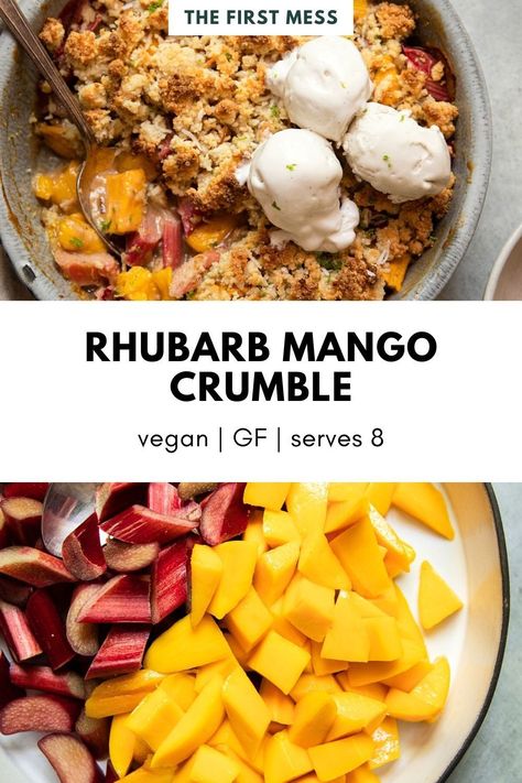 This rhubarb mango crumble is a great addition to your vegan crumble recipe rotation, featuring rhubarb, mango, shredded coconut, ginger, and cardamom. If you've been looking for a vegan fruit dessert, or just some new vegan dessert recipes to try, this recipe won't disappoint! Add it to your list of easy vegan dessert ideas. Rhubarb Mango Recipes, Vegan Fruit Dessert, Vegan Rhubarb Recipes, Mango Crumble, Vegan Dessert Ideas, Vegan Rhubarb, Vegan Crumble, Vegan Dessert Bars, Dessert Pie Recipes