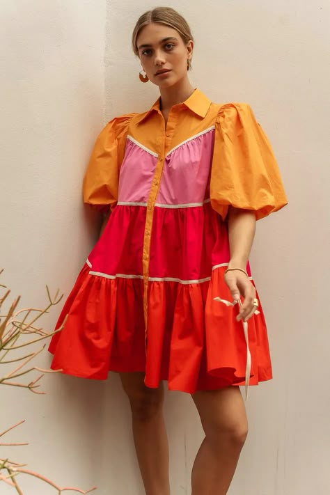 Quoi Porter, Cherry Dress, Printed Bodycon Dress, Puffed Sleeves, Waist Length, Clothes Outfits, Mother Of The Bride Dresses, Orange Pink, Pretty Dresses