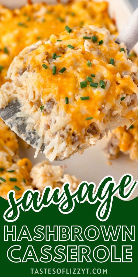 Need a delicious and hearty recipe for brunch? This Sausage and Hash Brown Casserole is sure to hit the spot! This no eggs dish is packed with sausage, creamy hash brown potatoes, and melted cheese. Hashbrown Sausage Egg Casserole, Sausage Hash Brown Casserole, Egg And Cheese Casserole, Sausage Potato Casserole, Sausage Hashbrown Breakfast Casserole, Breakfast Bakes, Sausage Potato Soup, Christmas Breakfast Casserole, Simply Potatoes