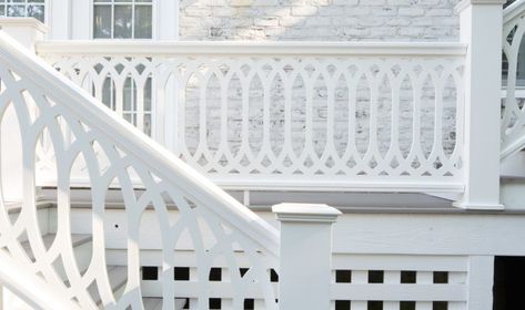 Railings Vintage Balcony Railing, Cottage Porch Railing, Porch Pillars Columns, Wooden Screen Doors, Front Porch Railing Ideas, Veranda Railing, Porch Renovation, Exterior Handrail, Porch Pillars