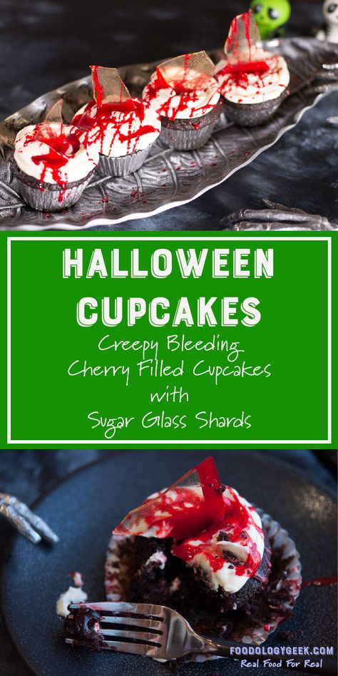 Horror Desserts, Edible Glass Shards, Scary Cupcakes Ideas, How To Make Edible Glass Shards, Gory Halloween Desserts, Edible Blood, Halloween Cake Glass Shards, Spooky Red Velvet Cupcakes, Forest Cupcakes