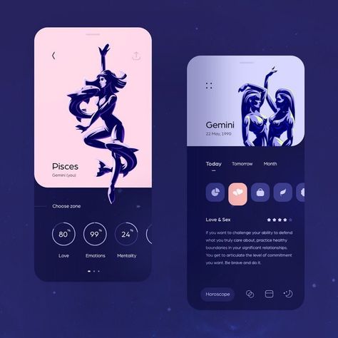 Daily Horoscope App Your opinion? 🧐  #ui #uxui #horoscope #astrology #astro #gemini #pisces #darkui #mobileui #appdesign #mobileui Horoscope App Design, Astrology App Design, Minimal App Design, Cosmic Calendar, Horoscope Design, Astrology App, Application Ui Design, Gemini Pisces, Plant App