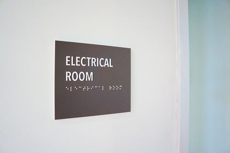 Minimal grey office ADA electrical room sign for Baker McKenzie, a multinational law firm. Room Signage, Grey Office, Wall Signage, How To Make Signs, Sign Materials, Build Something, Wind Power, Law Firm, Room Signs