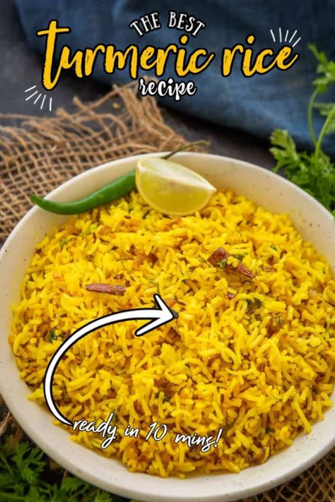 Indian Yellow Rice, Turmeric Basmati Rice, Turmeric Brown Rice, Turmeric Rice Recipe, Mutton Curry Recipe, Basmati Rice Recipes, Turmeric Rice, Indian Rice Recipes, Spiced Rice