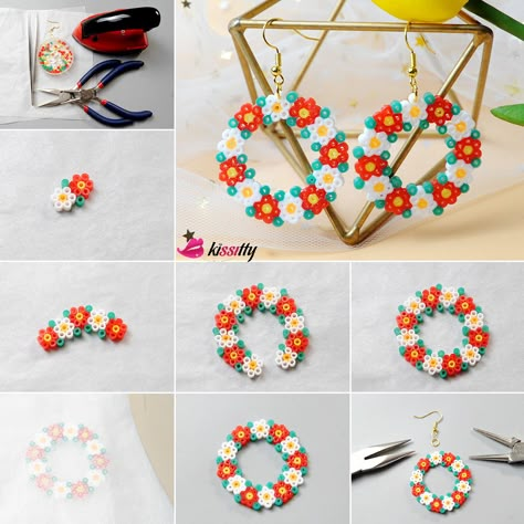 Flower Earrings Diy, Perler Earrings, Mini Hama Beads, Hama Mini, Wreath Earrings, Melty Bead Patterns, Pearl Beads Pattern, Easy Perler Beads Ideas, Hamma Beads