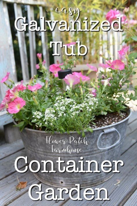 easy Step by Step on how to create a Galvanized tubs and bucket container garden for your patio or deck. Switch the plants out seasonally for year round interest and beauty. #easygarden #cottagegarden #galvanized #containergarden Diy Cottage Garden, Garden Buckets, Beginner Garden, Vertical Container Gardening, Indoor Gardening Supplies, Diy Container Gardening, Galvanized Planters, Cottage Garden Ideas, Galvanized Tub