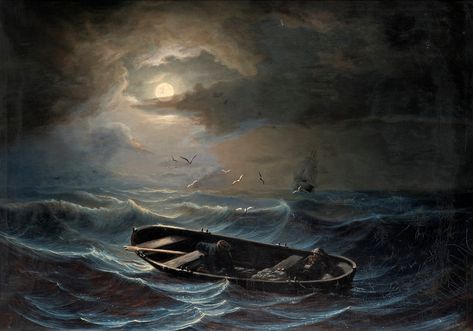 On a Stormy Sea by Nils Jakob Olsson Blommér (or Nils Johan Olsson Blommér) (b. 12 June 1816; Blommeröd, a village in Scania (locally: Skåne), Sweden – d. 1 February 1853; Italy) Canvas 109.5 × 156 cm.  https://en.wikipedia.org/wiki/Nils_Blomm%C3%A9r http://runeberg.org/sbh/a0109.html http://www.nationalmuseum.se/sv/Om-samlingarna1/Hojdpunkter-maleri/Angsalvor/ Moonlight Painting, Rough Seas, Ship Drawing, Stormy Night, Stormy Sea, Pirate Life, Boat Painting, Sea Painting, Sea Art