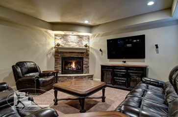 Basement TV Wall & Fireplace traditional-basement Fireplace With Stone Surround, Basement Tv Wall, Octagon Room, Tv Wall Fireplace, Fireplace With Stone, Family Room Design With Fireplace, Basement Designs, Basement Fireplace, Wall Fireplace