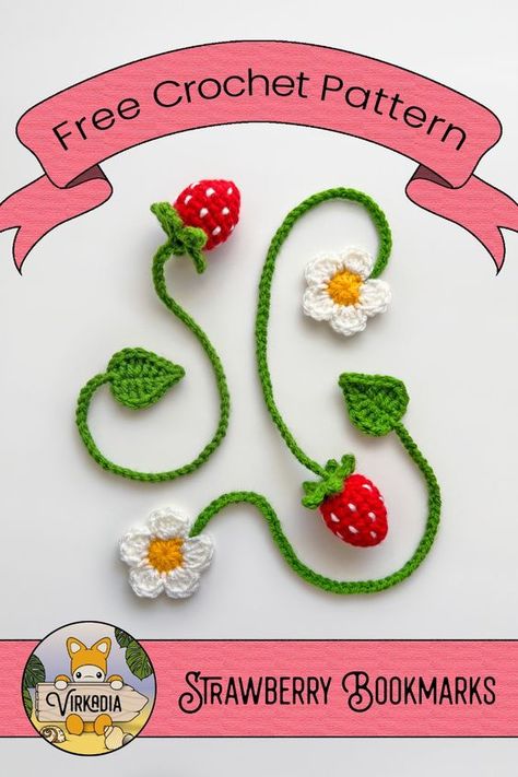 FREE crochet pattern available NOW |🍓 Strawberry Bookmark Set 🍓| An impromptu picnic in the park, stretching out in the sun for an afternoon read, and the fresh breeze rustling the pages of your favorite book—while you crack the spine into your favorite literary world, there’s no better way to set the mood than with this free crochet strawberry bookmark pattern set! Strawberry Bookmark, Crochet Bookmarks Free Patterns, Easy Crochet Bookmarks, Bookmark Pattern, Crochet Bookmark Pattern, Crochet Strawberry, Crochet Fruit, Quick Crochet Patterns, Crochet Plant