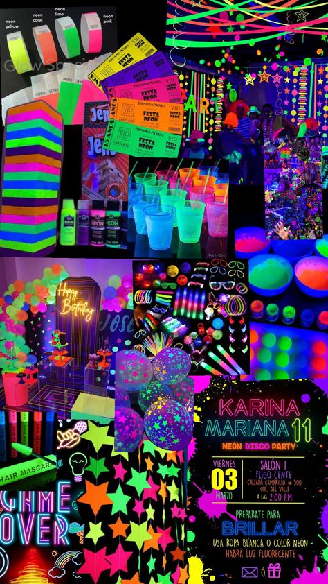 Birthday Party Neon Ideas, Black Light Sweet 16 Party Ideas, Black Light Glow Party Ideas, Outside Disco Party, Neon Party Theme Ideas, Rave Bday Party, Neon Preppy Party, Night In Ibiza Party Theme, 90s Neon Party