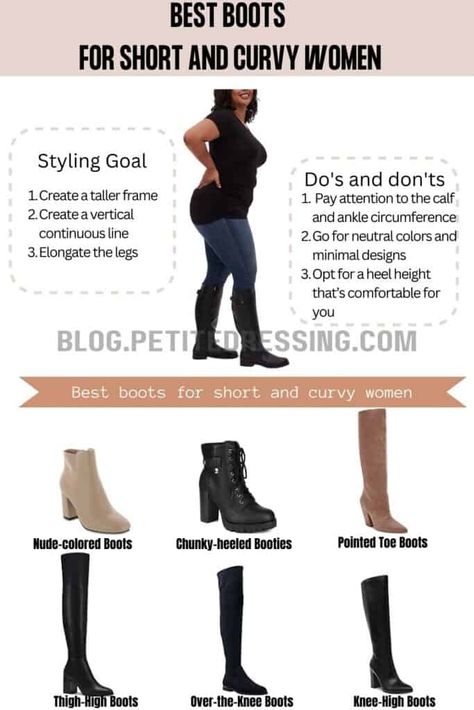 Knee High Boots Petite, Long Boots For Short Women, Boots For Hourglass Shape, Knee High Boots For Petite Women, Petite Boots Outfit, Short And Curvy Fashion, Fall Outfits For Short Curvy Women, Low Heeled Boots Outfit, Outfits For Petite Curvy Women