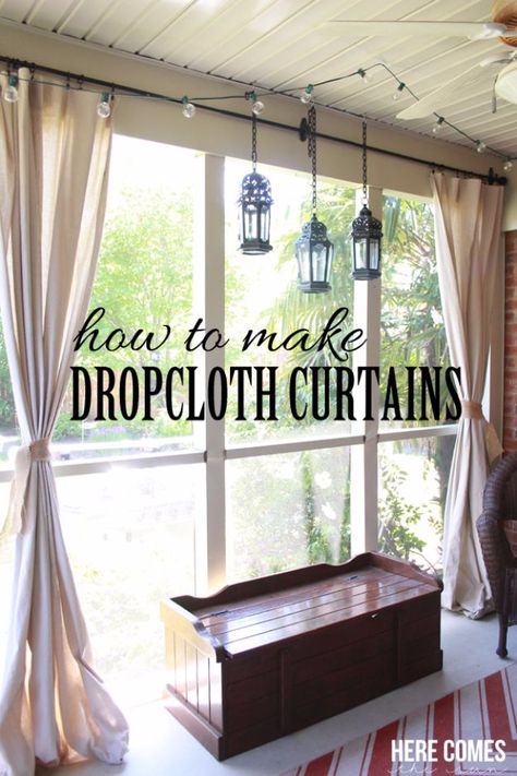 Best Country Decor Ideas for Your Porch - Drop Cloth Porch Curtains - Rustic Farmhouse Decor Tutorials and Easy Vintage Shabby Chic Home Decor for Kitchen, Living Room and Bathroom - Creative Country Crafts, Furniture, Patio Decor and Rustic Wall Art and Accessories to Make and Sell http://diyjoy.com/country-decor-ideas-porchs Diy Bay Window Curtains, Cloth Curtains, Porch Curtains, Drop Cloth Curtains, Patio Curtains, Country Diy, Shabby Chic Bathroom, Rustic Curtains, House With Porch