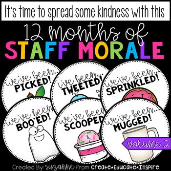 If you liked the 12 Months of Staff Morale Vol. 1, you are going to LOVE Vol. 2!! This is a great way to BOOST staff morale and spread some positivity in the schools! Are you ready to spread the kindness? There are 3 ways to introduce this into your building and you can choose from 12 different them... Boost Staff Morale, Morale Ideas, Teacher Morale, Teacher Motivation, Morale Boosters, Staff Appreciation Gifts, Staff Morale, Teacher Treats, Month January