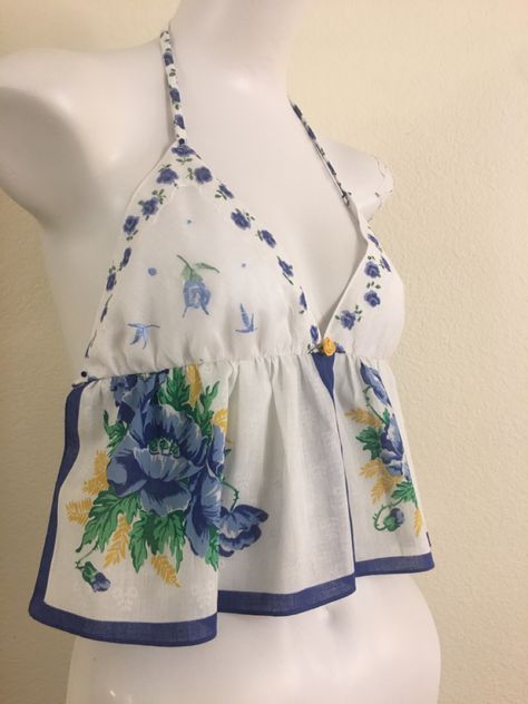 Made from two vintage hankies! One of a kind! Upcycle Shirt Ideas, Handkerchief Top Diy, Handkerchief Tops, Handkerchief Shirt, Upcycle Vintage Hankies, Diy Halter Top, Feminine Tops, Made Of Stardust, Vintage Blue Handkerchiefs With Floral Embroidery