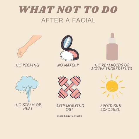 A little aftercare for my facial clients! After care for a facial is very simple ✨ 1. No picking your skin 2.No makeup 3. No retinols or active ingredients 4.No steam or heat 5. No workout 6. No sun exposure (always wear and reapply SPF ) All this for 24 to 48 hrs For more information there is an aftercare section on my website ✨ for any more info you can always reach me out! ☺️ . . . . #smallbusiness #facialstoronto #skincare #bodycontouring #laserhairremoval #skinexpertsecrets #skin After Facial Care, Aftercare Facial, Facial Aftercare, Medical Esthetician, After Care, No Makeup, Sun Exposure, Body Contouring, Laser Hair Removal