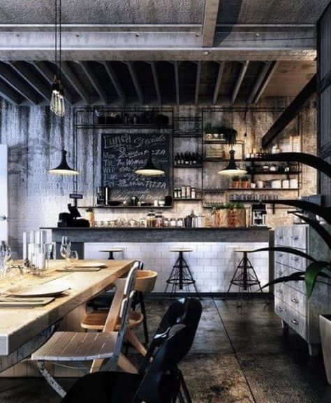 Industrial Bar Design, Cafe Bar Design, Loft Cafe, Kitchen And Dining Area, Loft Industrial, Industrial Living, Industrial Livingroom, Loft Interiors, Best Coffee Shop