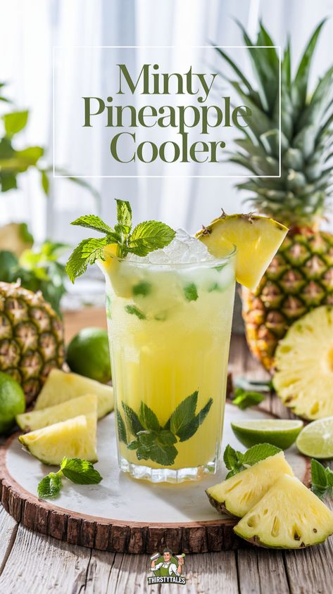 "Quench your thirst this summer with our refreshing Minty Pineapple Cooler Mocktail! This delightful non-alcoholic cocktail blends the tropical flavors of fresh pineapple with invigorating mint, making it the perfect addition to your summer gatherings. Discover this easy-to-make Pineapple Cooler Drink that will elevate your tropical mocktail recipes. Perfect for anyone seeking mint-infused beverages, this Minty Pineapple Mocktail is a must-try for all lovers of summer refreshing drinks!" Non Alcohol Cocktail Recipes, Fresh Pineapple Drinks Alcohol, Pineapple Mocktail Recipe, Pineapple Mocktail Non Alcoholic, Mint Drinks Nonalcoholic, Refreshing Non Alcoholic Drinks, Pitcher Mocktail Recipe, Tropical Mocktail Recipe, Mocktails Pineapple