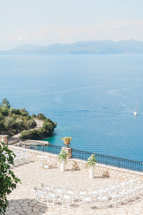 Wedding Ocean View, Corfu Greece Wedding, Greek Wedding Ceremony, Ocean View Wedding Ceremony, Olive And Gold Wedding, Meganisi Greece, Sea View Wedding, Greek Mainland, Olive And Gold