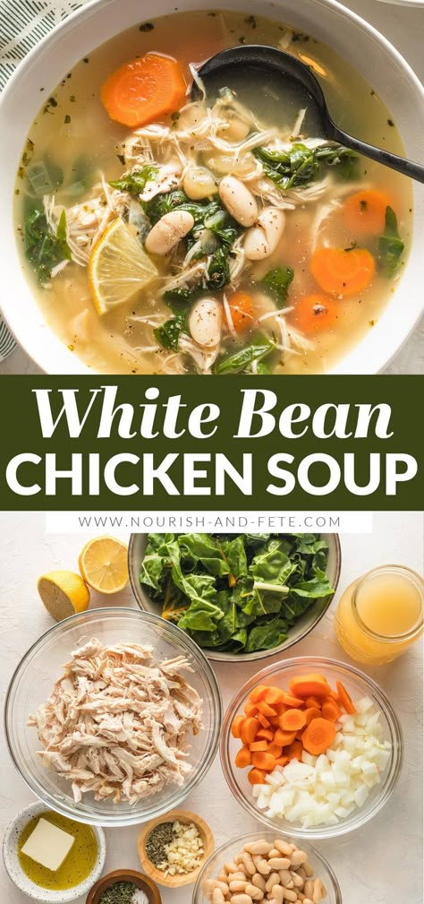 White Bean Chicken Soup, Bean Chicken Soup, Bean Soup Crockpot, Chicken Kale Soup, Using Rotisserie Chicken, White Bean Kale Soup, Rotisserie Chicken Soup, White Bean Recipes, White Bean Soup Recipes