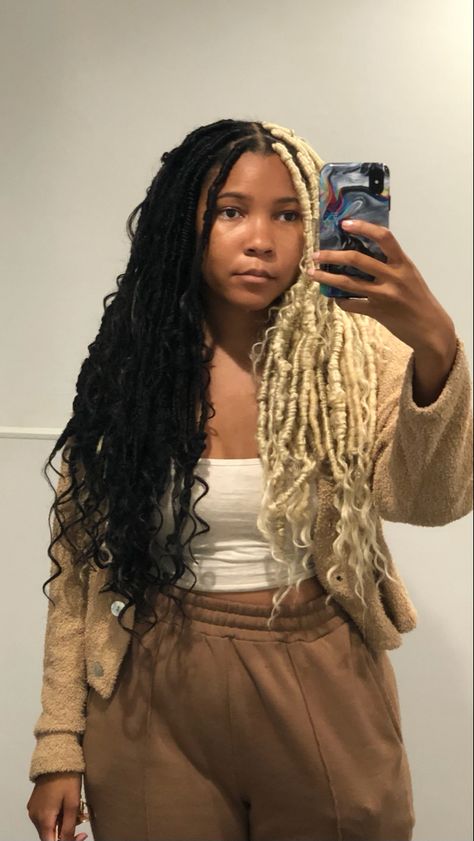 Split Dye Faux Locs, Black And White Faux Locs, Blonde And Black Faux Locs, Split Dye Box Braids, Black And Blonde Locs, White Locs, Split Dye Braids, Peekaboo Faux Locs, Black Hair Locs