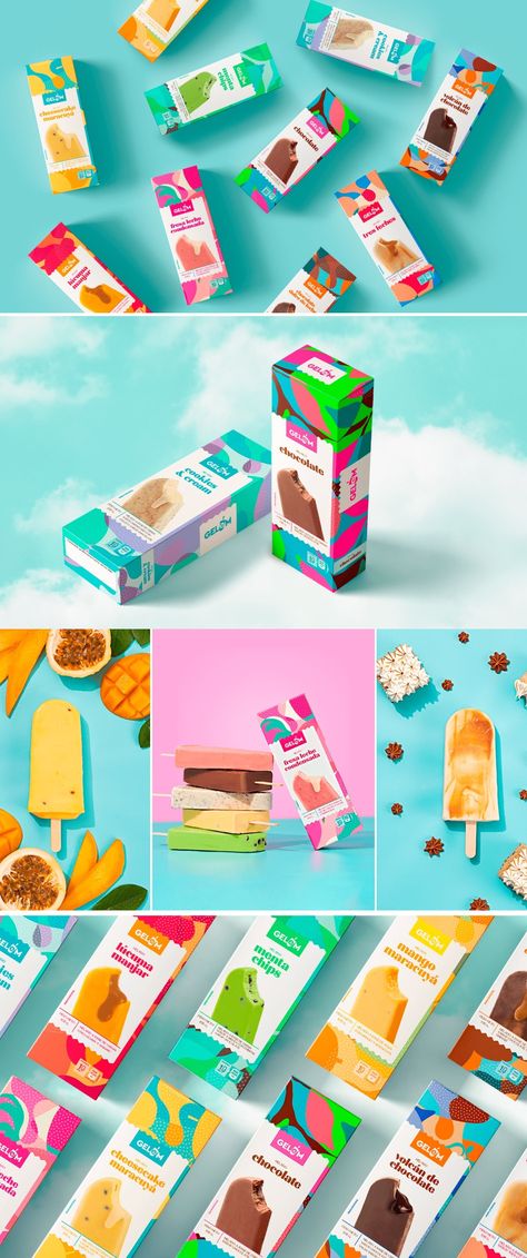 Ice Cream Stick Packaging, Pop Up Packaging Design, Popsicle Branding Design, Ice Cream Packaging Design Creative, Popsicle Branding, Ice Cream Color Palette, Coffee Bites, Popsicle Packaging, Popsicles Packaging