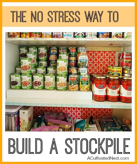 The No Stress Way To Build A Stockpile-The concept of stockpiling can be daunting (especially if you’re thinking of Extreme Couponing Stockpiling :) ). But it’s really not complicated at all to get started! Stock Piling For Beginners, Stock Pantry, Realistic Pantry, Pantry Stockpile, Well Stocked Pantry, Stocked Pantry, Preppers Pantry, Emergency Preparedness Food, Stock Pile