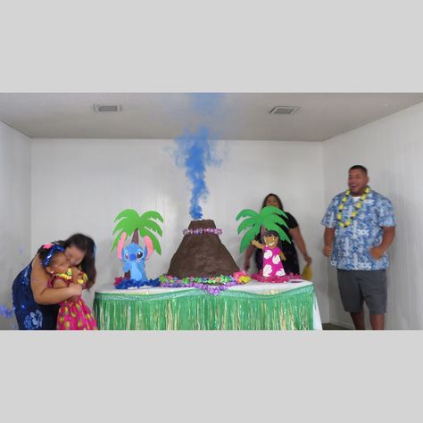 Hawaiian theme Gender reveal  Volcano reveal LILO and stitch Gender Reveal Ideas Hawaiian, Stitch And Angela Gender Reveal, Lilo And Stitch Gender Reveal Party, Kilo And Stitch Gender Reveal, Gender Reveal Hawaiian Theme, Gender Reveal Ideas Disney Theme, Hawaiian Themed Gender Reveal, Stitch And Angel Gender Reveal Decorations, Lilo Stitch Gender Reveal