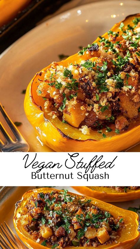 Delight in this vegan stuffed butternut squash, featuring a flavorful medley of grains, veggies, and spices. With its vibrant colors and wholesome ingredients, this dish is a stunning centerpiece for any fall gathering. Serve it as a main course or side dish for a satisfying and nutritious meal. Vegetarian Recipes With Butternut Squash, Stuffed Butternut Squash Vegan, Butternut Squash Main Dish, Butternut Squash And Lentils Recipes, Vegan Stuffed Butternut Squash, Vegetarian Stuffed Squash, Butternut Squash Meals, Autumn Squash Recipes, Healthy Butternut Squash Recipes