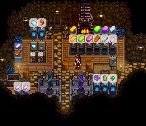 Cool Stardew Valley Farms, Stardew Valley Carpenter Shop, Stardew Mine Decor, Stardew Cave Design, Stardew Valley Fruit Bat Cave, Stardew Valley Farm Ideas, Stardew Design, Stardew Valley Farmer, Stardew Layout