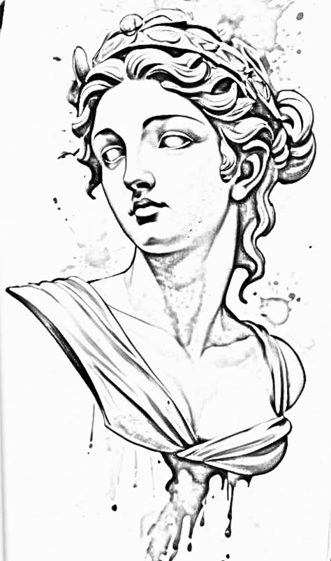 Aphrodite Line Art, Statue Head Tattoo, Greek Sculpture Sketch, Aphrodite Sketch, Greek Statue Sketch, Ancient Greek Drawing, Greek Art Drawing, Drawing Greek Mythology, Greek Statue Drawing